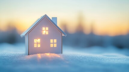 A paper house with light shining through the windows on white snow against a blurred blue sky background