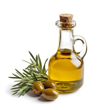 A beautiful glass bottle of olive oil rests beside fresh olives and a sprig of rosemary. This composition highlights natural ingredients perfect for cooking. Fresh and healthy choices. AI