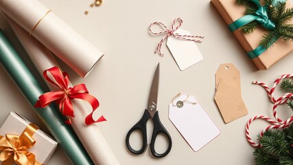 Creating festive gift wraps with scissors, ribbons, and tags displayed on a beige surface during the holiday season