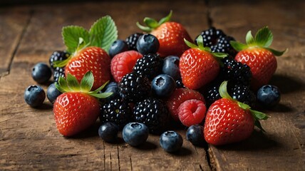 A vibrant assortment of fresh berries on a rustic wooden surface, showcasing strawberries, blueberries, blackberries, and raspberries