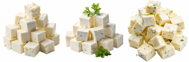 Feta cheese cubes isolated on white and transparent background PNG bundle