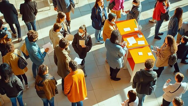Citizens waiting in line are filling out paperwork while talking to organizers at a registration desk