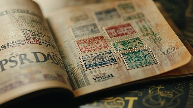 Colorful visa stamps from various countries fill the pages of a passport flipping open in slow motion