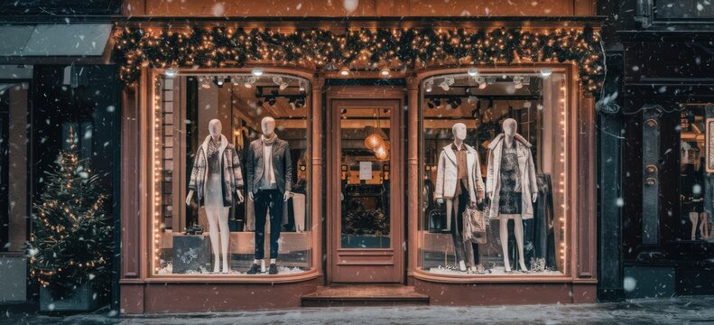 Festive winter window display of a boutique with mannequins in stylish clothing, adorned with sparkling lights and holiday decorations. - Powered by Adobe