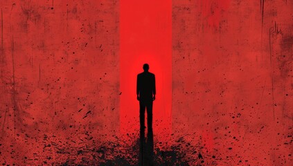 Abstract red and black design with a dark figure in the middle, graphic novel style, high contrast, splattered ink effect, grunge background