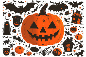 planche d'illustrations d'halloween, citrouille, chauve-souris, fantôme, noir, orange, symboles, jack o lantern