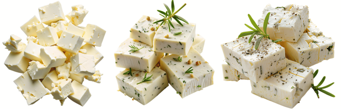 Feta cheese cubes and greens isolated on white and transparent background PNG bundle