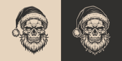 Vintage retro engraving woodcut style sketch draw paint of merry christmas xmas santa claus skull skeleton head. Halloween character scary illustration front view