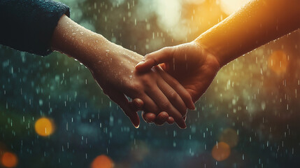 Close-up of two hands holding each other under romantic lighting, symbolizing love, connection, and companionship, with a dreamy bokeh effect in the background.