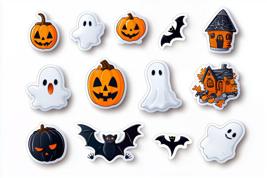 planche d'illustrations, stickers, halloween, fant&ocirc;mes, citrouilles, araign&eacute;es, chauve souris, mignon, dr&ocirc;le, rigolo, effrayant, f&ecirc;te, d&eacute;guisement, blanc, orange, noir, illustrations, dessins, vecteur