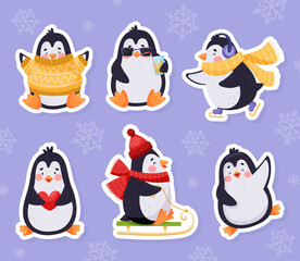 Cute Penguin Character with Cute Face Vector Sticker Set