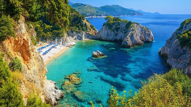 Sea beach on the coast of Corfu island, Pelion, Mylopotamos, Greece 