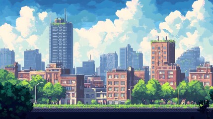 cartoon pixel art cityscape game background.generative ai
