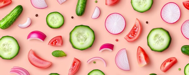 Naklejka premium Flat vector design of mixed vegetable slices--cucumber, onion, and radish--on a warm pastel peach background.