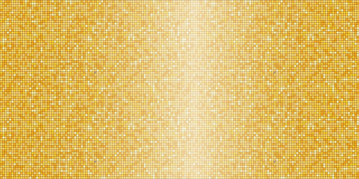 Disco gold tiles, shiny mosaic halftone sparkles. Vibrant paillette background. Sequin texture, Metallic yellow orange decoration, light effect.