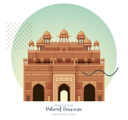 Buland Dawaza - Rearview - Fatehpur Sikri, Uttar Pradesh - Stock Illustration