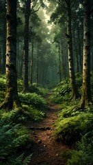 Fototapeta premium Green forest landscape illustration.