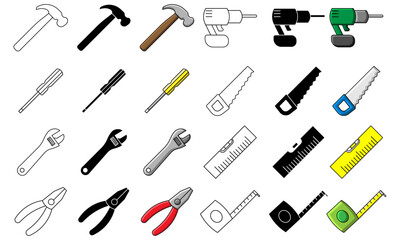 Set of Tools including a hammer, screwdriver, wrench and pliers in various designs, black, white and colour versions