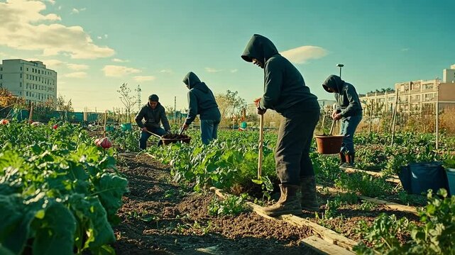 Slow-motion footage of urban farmers working in a community garden, digging and tending plants. City skyline visible in the background