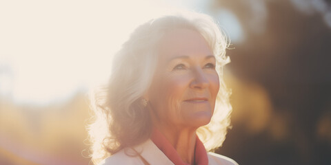 Elderly woman with a soft smile gazing into the bright sunlight, symbolizing hope and serenity in a warm, radiant setting