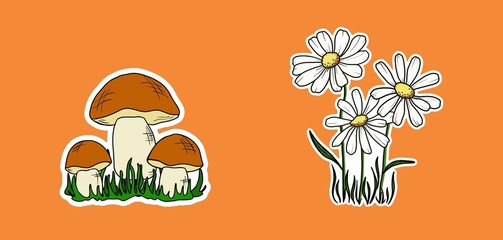 Set stickers with mushrooms and daisies on orange background cartoon style. Printed products prints clothes cards books posters children rooms.