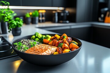 3D-rendered weight loss meal with detailed textures of salmon, roasted vegetables, and quinoa, presented on a clean, modern kitchen table