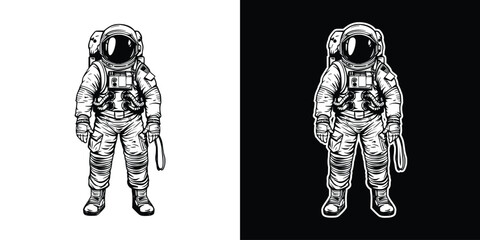 Vintage engraving style astronaut cosmic character in helmet and suit decoration