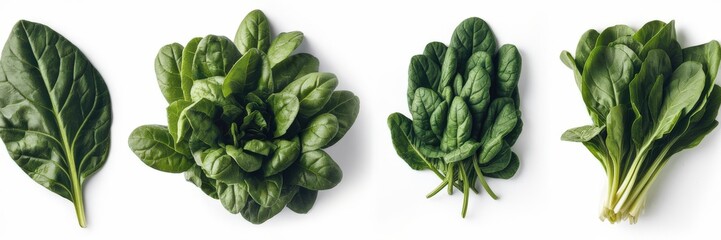 Obraz premium Various types of fresh spinach leaves on a white background.