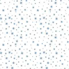 Blue Doodle Snowflakes seamless pattern. Christmas Snowfall Simple background. Winter snowy Holiday Xmas Texture. Hand drawn illustration for seasonal Design. Vector illustration