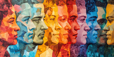 Fototapeta premium A vivid and colorful collage of faces in different sizes and shapes, layered together to form an abstract portrayal of the human race, created by Generative AI.