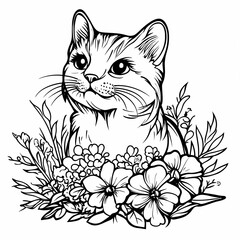 Obraz premium A black and white coloring book with an illustration of a cat, creating a platform for children's creativity. Promotes the development of creativity and perseverance.