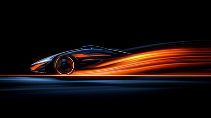 Speed Demon: A sleek, futuristic sports car streaks across a dark asphalt road, leaving a trail of fiery orange light in its wake.  This dynamic image captures the raw power and adrenaline of speed.