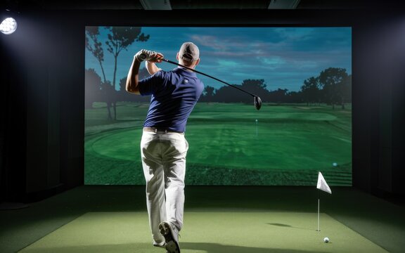 Man in golf simulator hitting a drive with a full swing