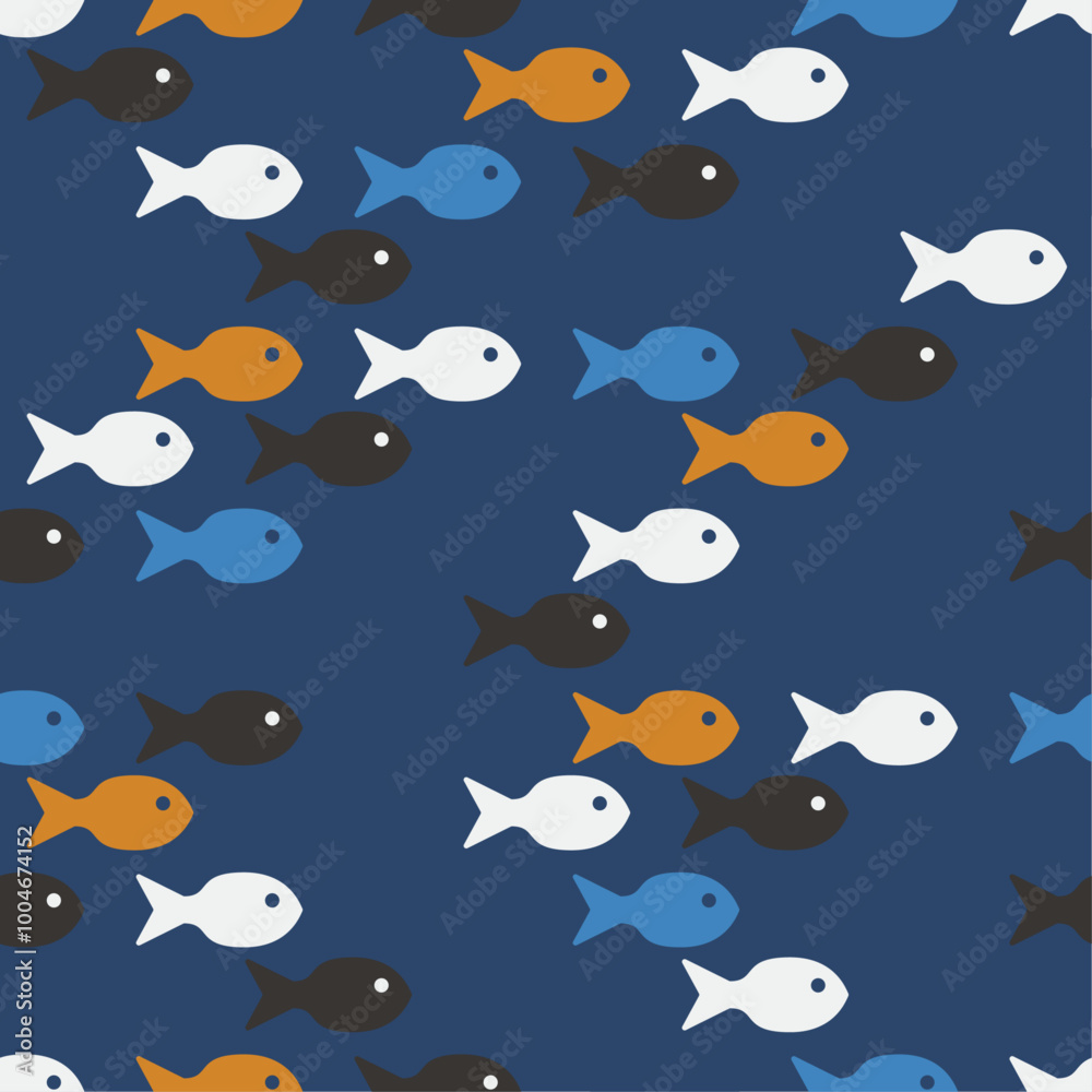 Poster Blue background and colored fish swimming in one direction. Vector background of fish.