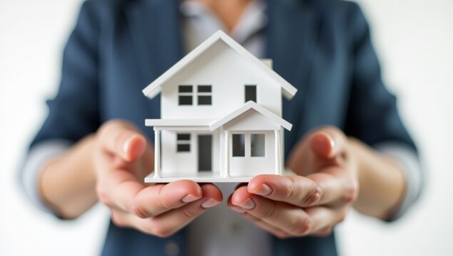 3D House Model in Hands, Symbol of Buying, Building, or Financing a New Dream Home