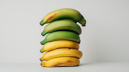 A stack of bananas with different ripeness levels displayed on a clean white background, showcasing their natural progression from green to yellow.