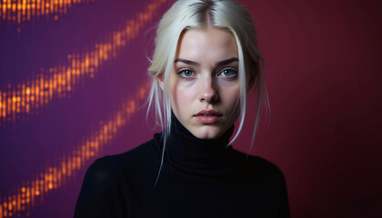 The image is a portrait of a young woman with white hair. She is facing the camera with a serious expression on her face.