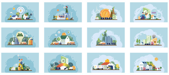 Energy efficiency. Various cityscapes and homes with elements highlighting renewable energy sources and sustainable living practices. Ideal for urban planning, green energy, sustainable homes, eco