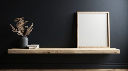 Minimalist Living Room Interior with Wooden Shelf on Black Wall Background