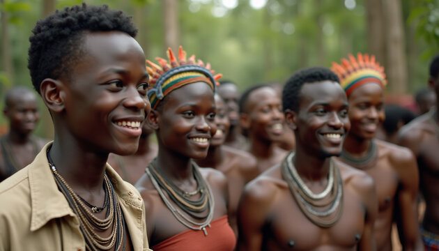 The image is a close-up of a group of African people, all of whom are smiling and looking at the camera.