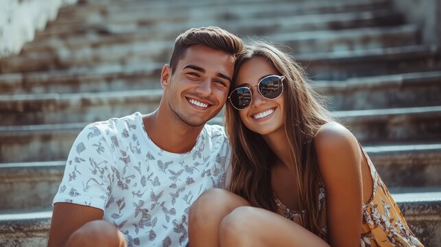 Smiling beautiful woman and her handsome boyfriend. Couple in casual summer clothes. Happy cheerful family. Female and man having fun. They posing in the street in sunny day. Sit at stairs 