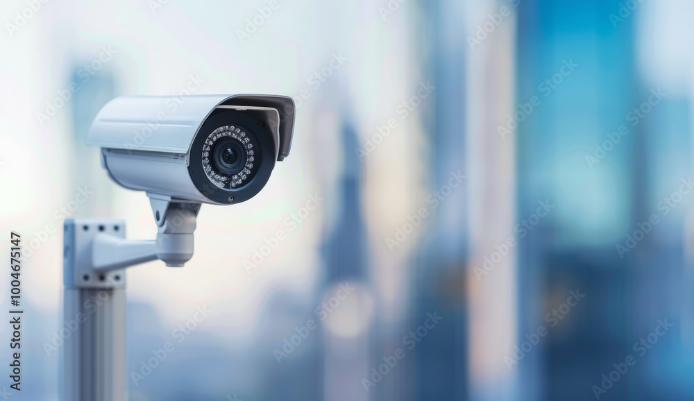 Wall mural close up of security camera with city buildings in the background, during daylight