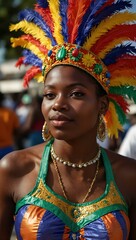 Haitian woman in a colorful carnival costume at the Jacmel Festival.