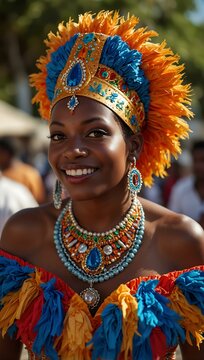 Haitian woman in a colorful carnival costume at the Jacmel Festival.