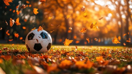 Soccer ball on the grass with autumn leaves falling around. Outdoor sports, football game, and seasonal beauty of fall during leisure activities in nature.