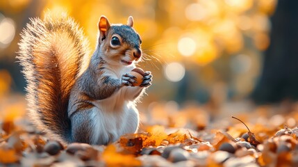 Cute squirrel holding an acorn in an autumn forest. Wildlife photography, nature, and adorable animal in a beautiful fall setting.