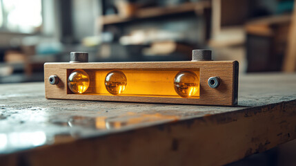 Close-up of vintage spirit level on a wooden workbench in a carpenter’s workshop. Construction tools, craftsmanship, DIY projects, and precision in woodworking. - Powered by Adobe