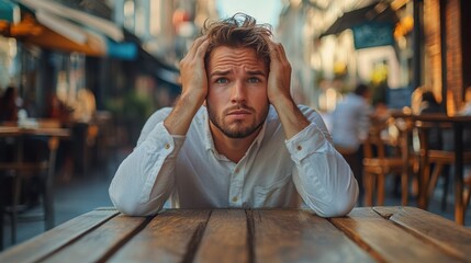 Frustrated man sitting at an outdoor cafe, holding his head in his hands. Stressful day, emotional expression, city life, and thoughtful mood in a public setting.