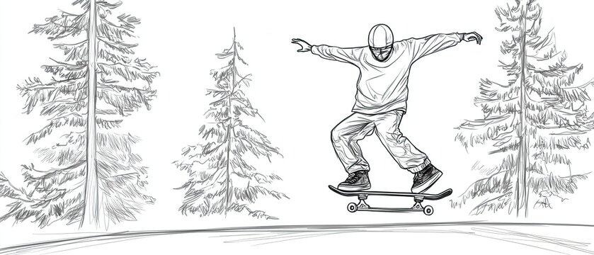 A hand drawn illustration of a skateboarder in mid air, performing a trick with trees in the background.