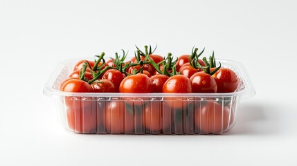 Fresh cherry tomatoes in a clear plastic container, displayed on a white background, highlighting their vibrant red color and freshness.